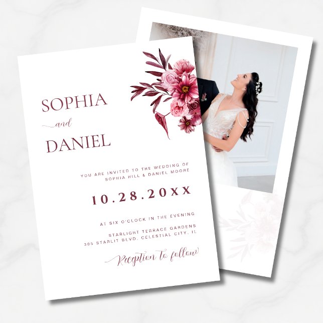 Invitación Elegant Burgundy Floral Photo Wedding Invitation  (Subido por el creador)