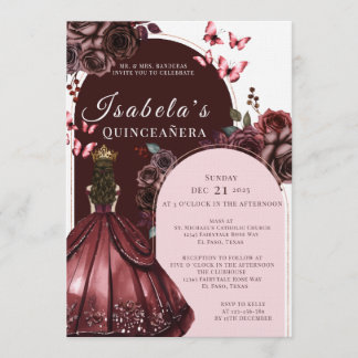 Invitación Elegant Burgundy Floral Quinceanera Invitation