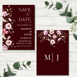 Invitación Elegant Burgundy Floral Save the Date Card