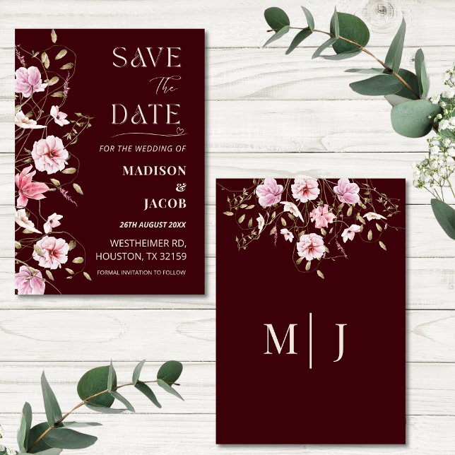 Invitación Elegant Burgundy Floral Save the Date Card (Subido por el creador)