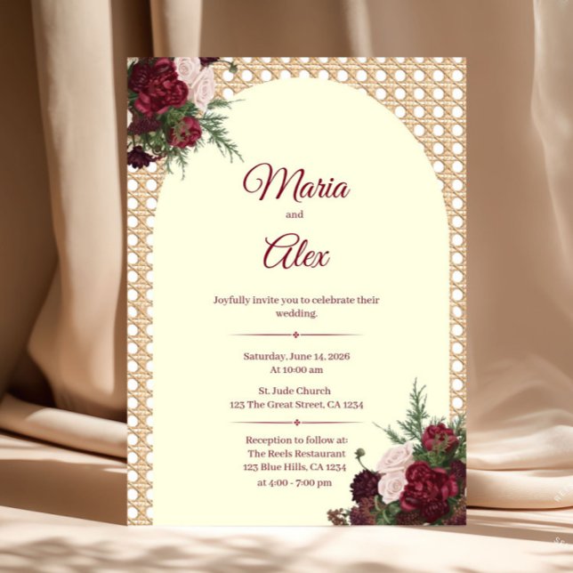 Invitación Elegant Burgundy Florals and Rattan Border Wedding (Burgundy and Ivory Wedding Invitation)