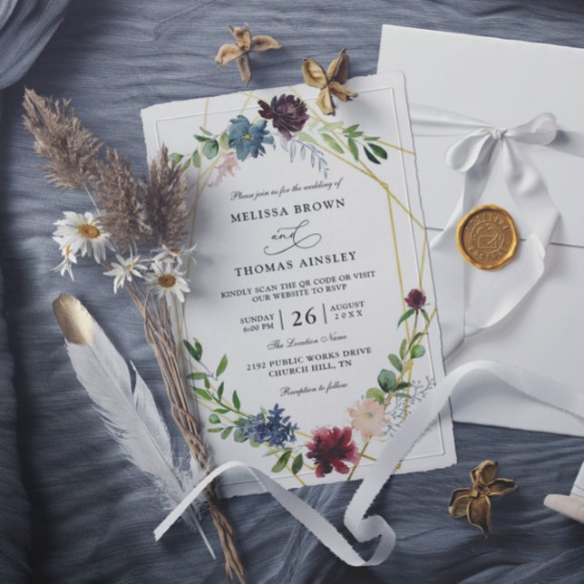 Invitación Elegant Burgundy Flowers Budget QR Code Wedding (Subido por el creador)