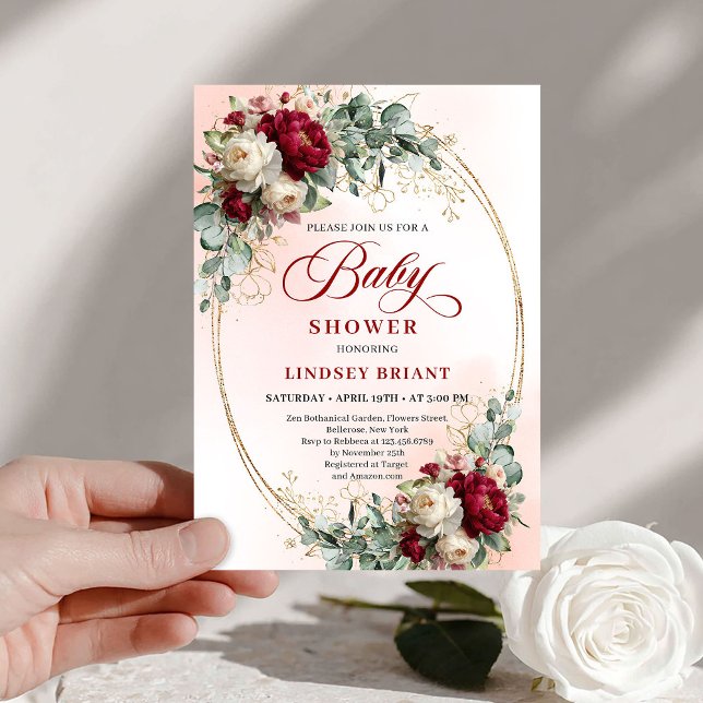 Invitación Elegant Burgundy Gold Boho Baby Shower Invitation (Elegant Burgundy Gold Boho Baby Shower Invitation)