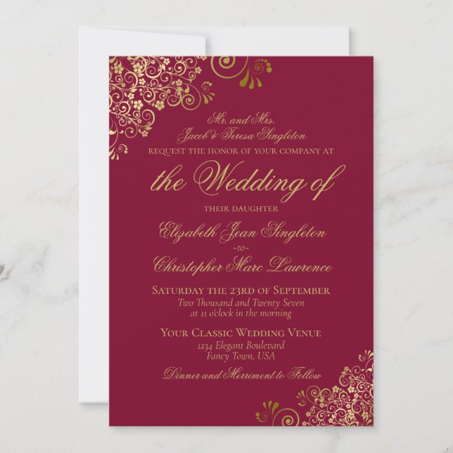 Invitación Elegant Burgundy & Gold Classy Formal Wedding (Anverso)