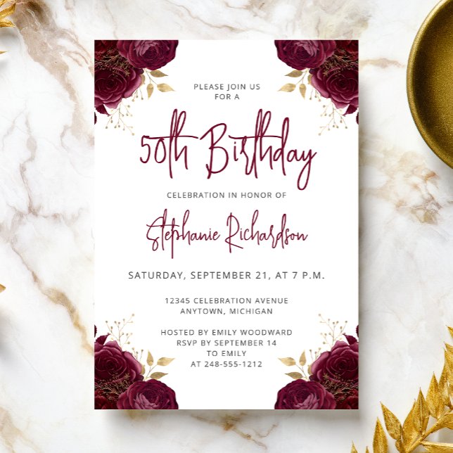 Invitación Elegant Burgundy Gold Floral 50th Birthday Party (Subido por el creador)