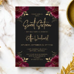 Invitación Elegant Burgundy Gold Floral Dark Sweet 16 Party<br><div class="desc">This trendy Sweet Sixteen birthday party invitation features burgundy red roses with faux gold foil foliage in four corners on an off-black background. The words "Sweet Sixteen" and the name of the guest of honor appear in trendy gold-colored modern handwriting script. Add the details in gold-colored sans serif font.</div>