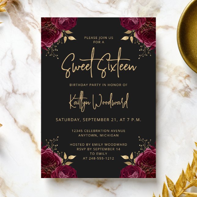 Invitación Elegant Burgundy Gold Floral Dark Sweet 16 Party (Subido por el creador)