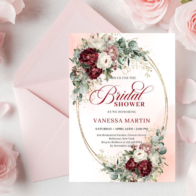 Invitación Elegant Burgundy Gold Floral Eucalyptus Shower (Elegant Burgundy Gold Floral Eucalyptus Shower Invite)