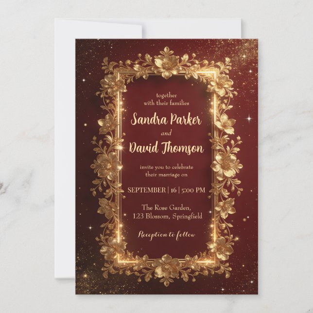 Invitación Elegant Burgundy & Gold Floral Frame Wedding  (Anverso)