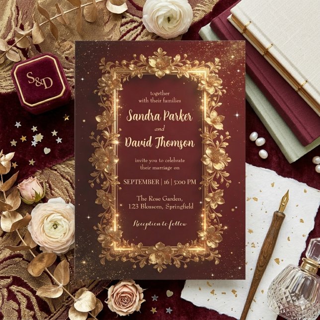 Invitación Elegant Burgundy & Gold Floral Frame Wedding  (Subido por el creador)