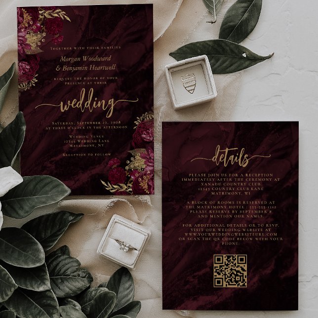 Invitación Elegant Burgundy Gold Floral QR Code Wedding (Subido por el creador)