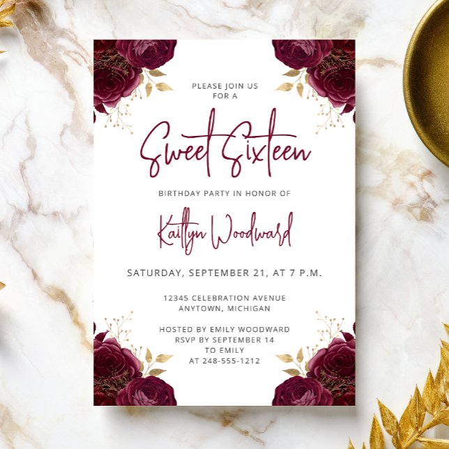 Invitación Elegant Burgundy Gold Floral Sweet 16 Party (Subido por el creador)