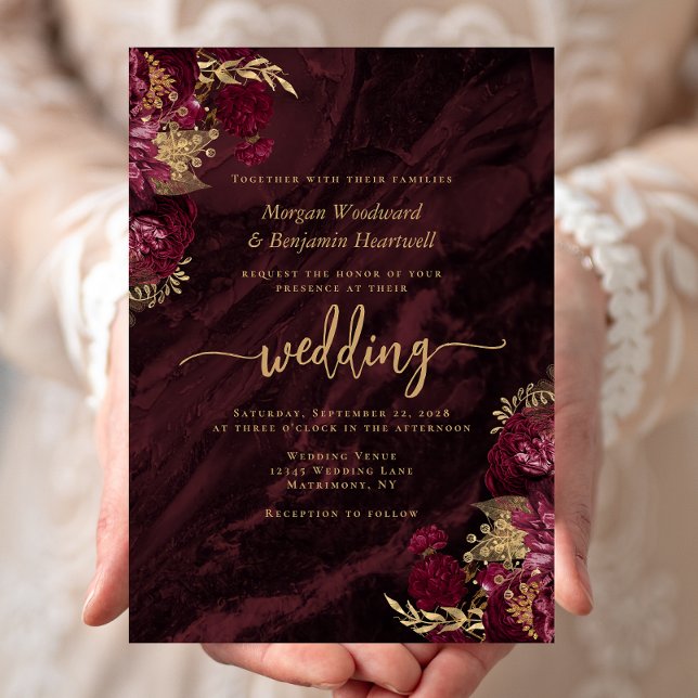 Invitación Elegant Burgundy Gold Floral Wedding (Subido por el creador)