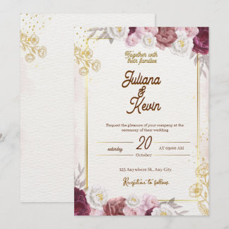 Invitación Elegant Burgundy & Gold Floral Wedding Invitation