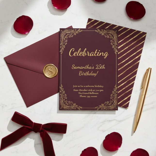 Invitación Elegant Burgundy Gold Milestone Birthday (Subido por el creador)