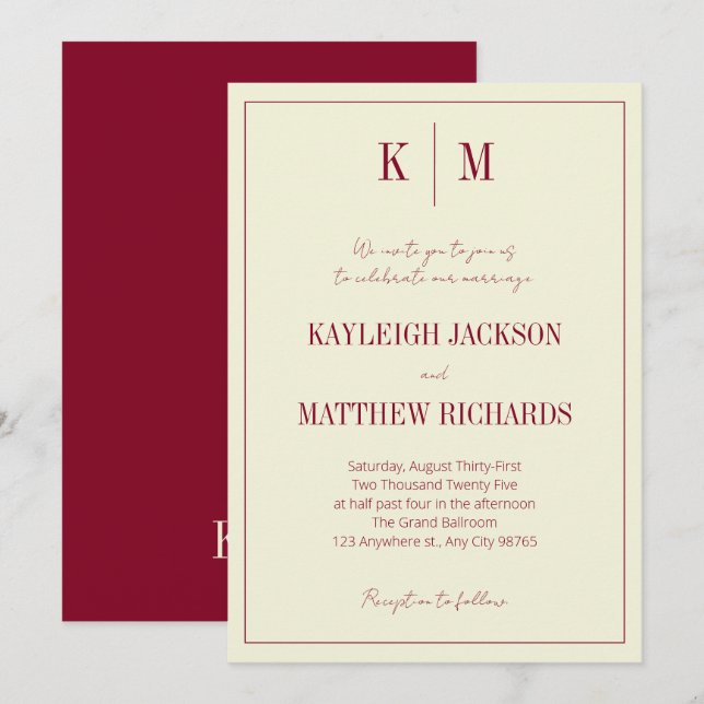 Invitación Elegant Burgundy Ivory Monogram Wedding (Anverso / Reverso)