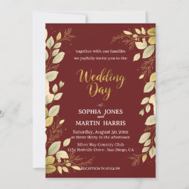 Invitación Elegant Burgundy Modern Gold Botanical Wedding