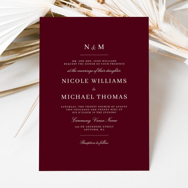 Invitación Elegant Burgundy Monogram Classic Wedding (Subido por el creador)
