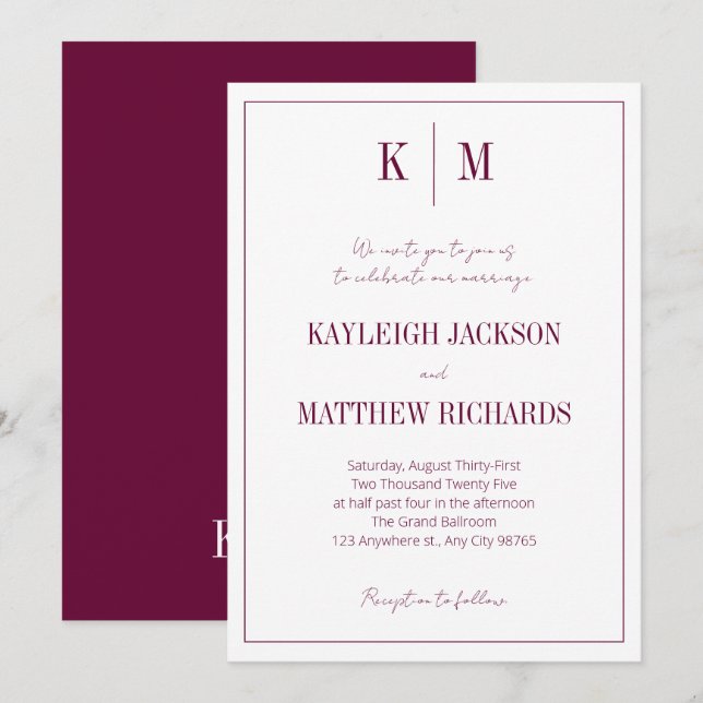 Invitación Elegant Burgundy Monogram Wedding  (Anverso / Reverso)