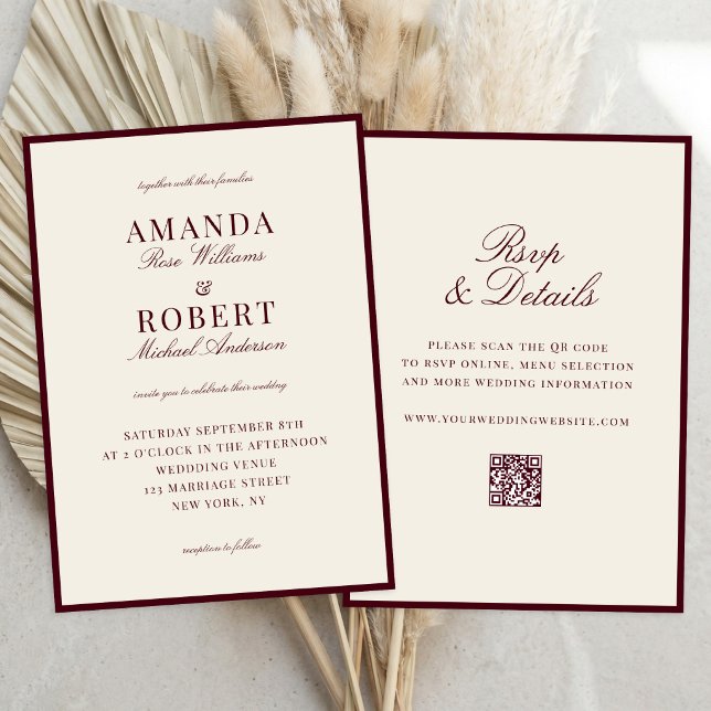 Invitación Elegant Burgundy Old Money All In One Wedding (Subido por el creador)