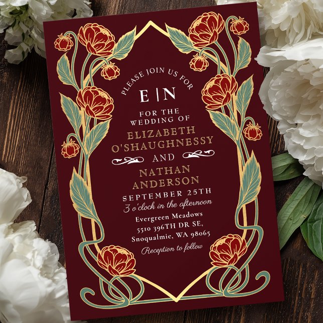 Invitación Elegant Burgundy Peony Art Nouveau Floral Wedding (Subido por el creador)