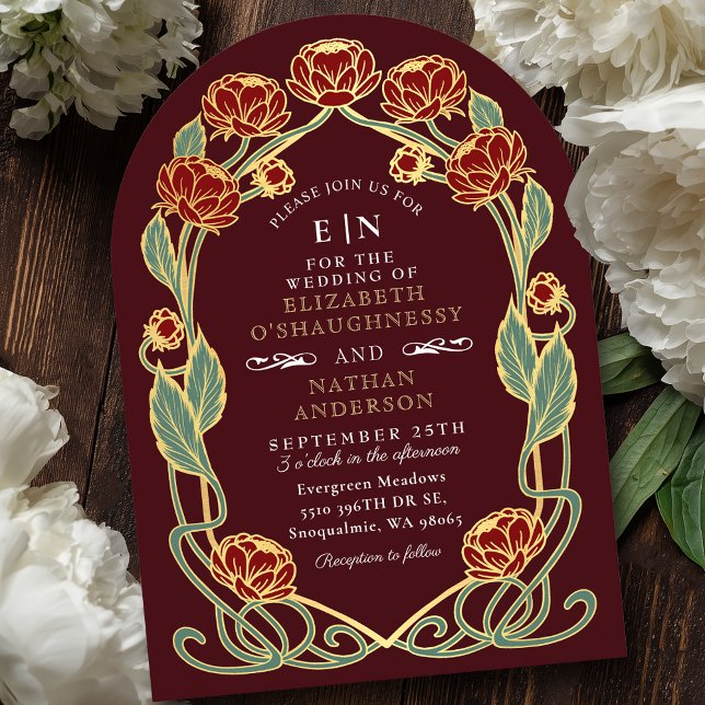 Invitación Elegant Burgundy Peony Art Nouveau Floral Wedding (Subido por el creador)