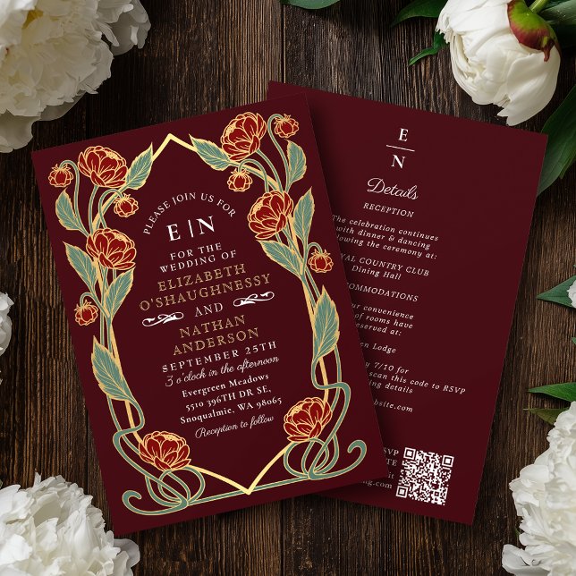 Invitación Elegant Burgundy Peony Art Nouveau QR Code Wedding (Subido por el creador)