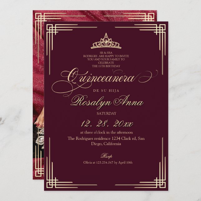 Invitación Elegant Burgundy Princess Quinceañera  (Anverso / Reverso)