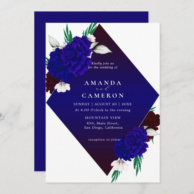 Invitación Elegant Burgundy Red Navy Blue "MARIGOLD" Wedding (Anverso / Reverso)