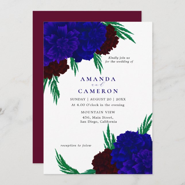 Invitación Elegant Burgundy Red Navy Blue "MARIGOLD" Wedding (Anverso / Reverso)