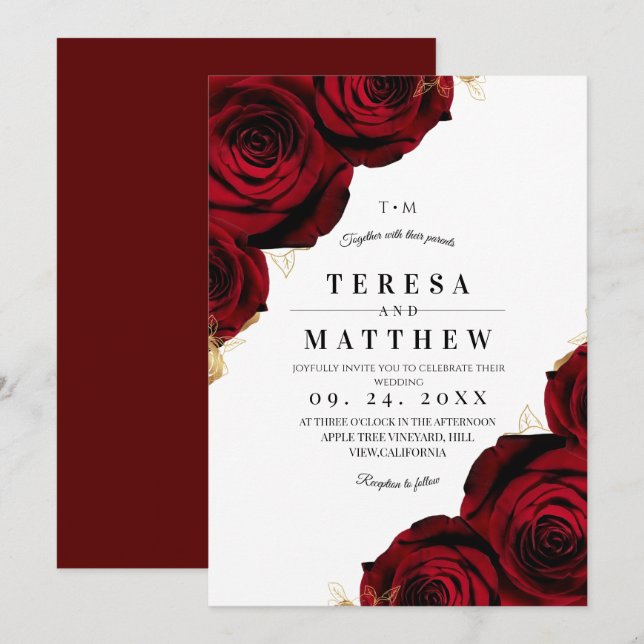 Invitación Elegant Burgundy Red Roses Floral Wedding (Anverso / Reverso)
