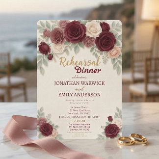 Invitación Elegant Burgundy Rose Chic Rehearsal Dinner