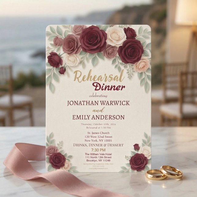 Invitación Elegant Burgundy Rose Chic Rehearsal Dinner (Subido por el creador)
