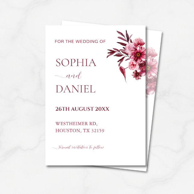 Invitación Elegant Burgundy Rose Floral  Save the Date Card  (Subido por el creador)