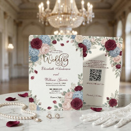 Invitación Elegant Burgundy Rose Modern QR Code Wedding