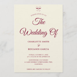 Invitación Elegant Burgundy Script Cream Ivory Bow Wedding