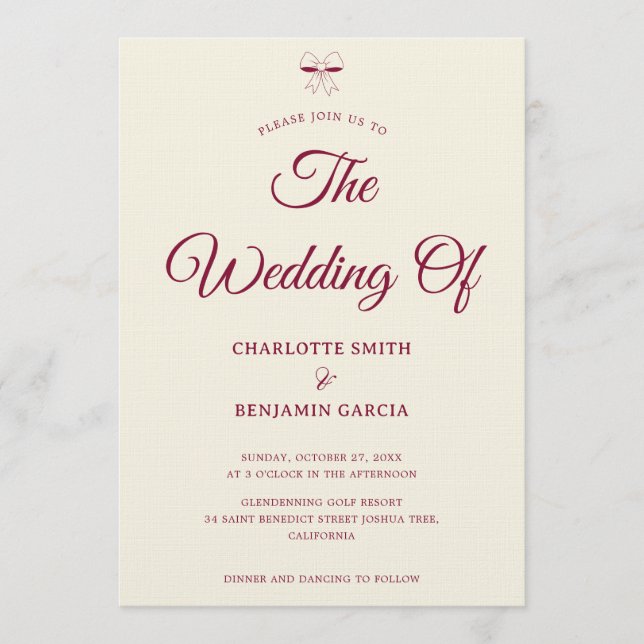 Invitación Elegant Burgundy Script Cream Ivory Bow Wedding (Anverso)