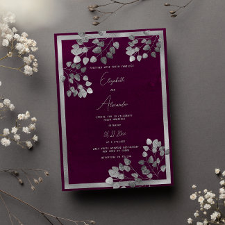 Invitación Elegant burgundy silver eucalyptus leaf wedding