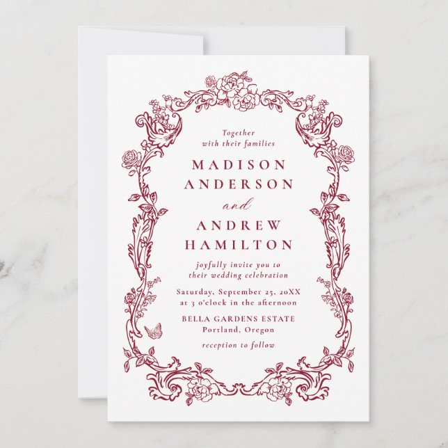 Invitación Elegant Burgundy Victorian Floral Frame Wedding (Anverso)
