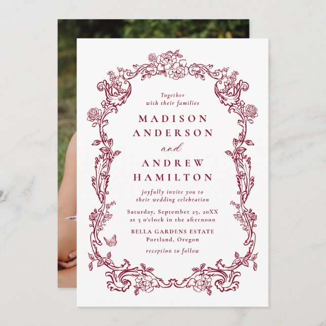 Invitación Elegant Burgundy Victorian Floral Frame Wedding (Anverso / Reverso)