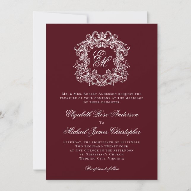 Invitación Elegant Burgundy Vintage Crest Monogram Wedding (Anverso)