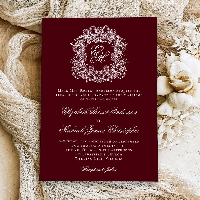 Invitación Elegant Burgundy Vintage Crest Monogram Wedding (Subido por el creador)