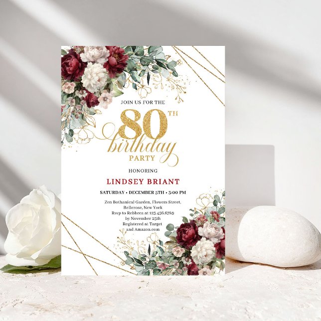 Invitación Elegant Burgundy Watercolor Floral 80th Birthday (Elegant Burgundy Watercolor Floral 80th Birthday)