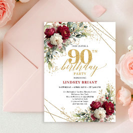 Invitación Elegant Burgundy White Floral Gold 90th Birthday 