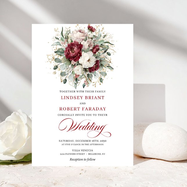 Invitación Elegant Burgundy White Floral Gold Wedding Invite (Elegant Burgundy White Floral Gold Wedding Invitation)