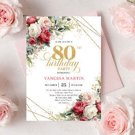 Invitación Elegant Burgundy White Gold 80th Birthday Invite