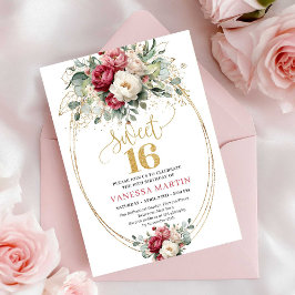 Invitación Elegant Burgundy White Gold Floral Sweet Sixteen