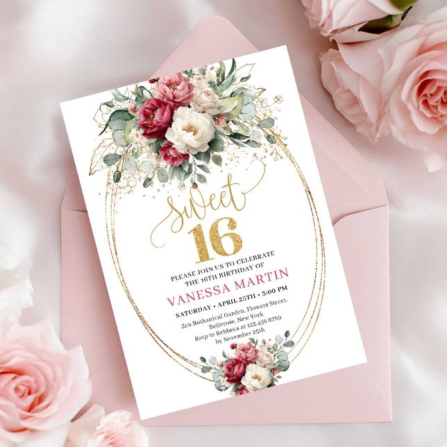 Invitación Elegant Burgundy White Gold Floral Sweet Sixteen  (Elegant Burgundy White Gold Floral Sweet Sixteen Invite)