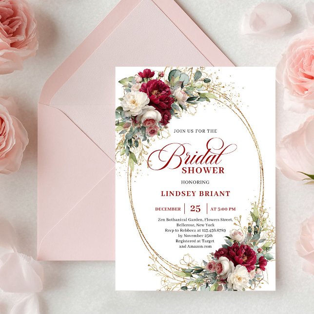 Invitación Elegant Burgundy White Rose Gold Bridal Shower  (Elegant Burgundy White Rose Gold Bridal Shower Invitation)