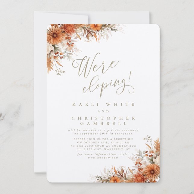 Invitación Elegant Burnt Orange Floral Elopement Reception (Anverso)